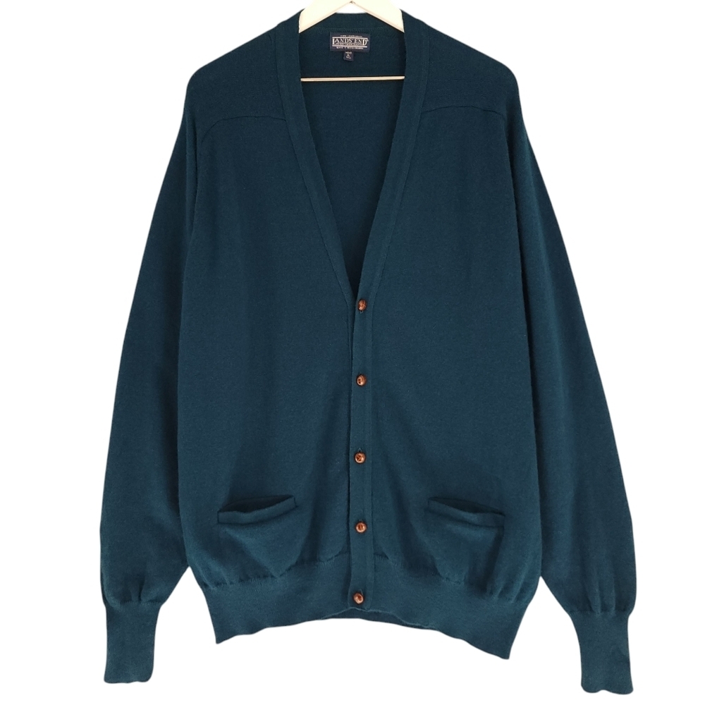 Vintage Land's End Men's Lambswool Teal Cardigan Sweater XL Tall